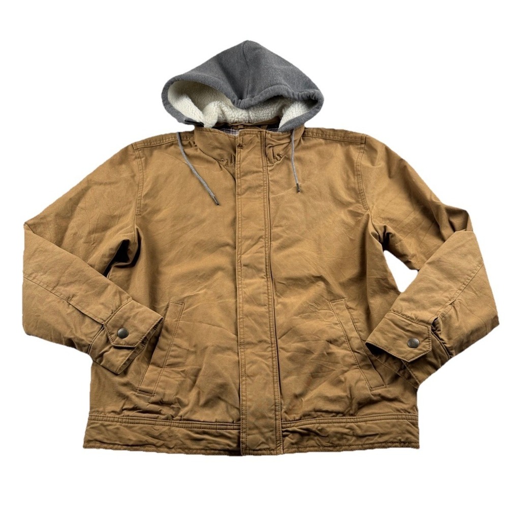 American Eagle Jacket Men M Brown Canvas Flannel Lined With Fleece Lined Hood